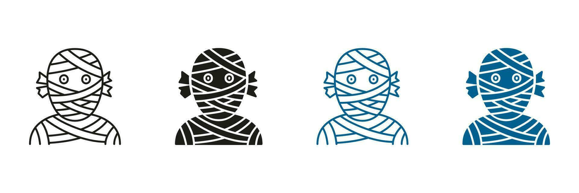 Mummy Line and Silhouette Icon Set. Spooky Undead in Bandage. Horrible Monster in Wrap Black and Color Symbol Collection. Funny Halloween Party Costume. Isolated Vector Illustration.