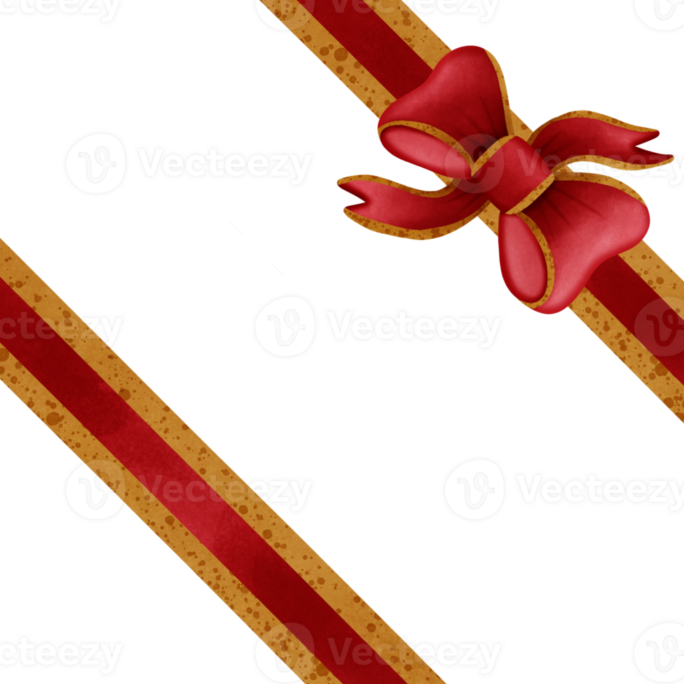 Red ribbon bow with gold stripes isolated on transparent background png