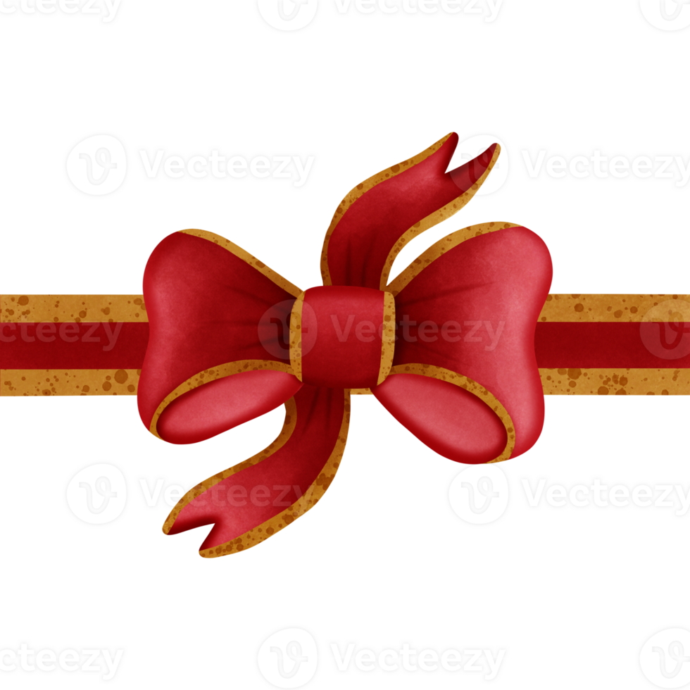 Red ribbon bow with gold stripes isolated on transparent background png