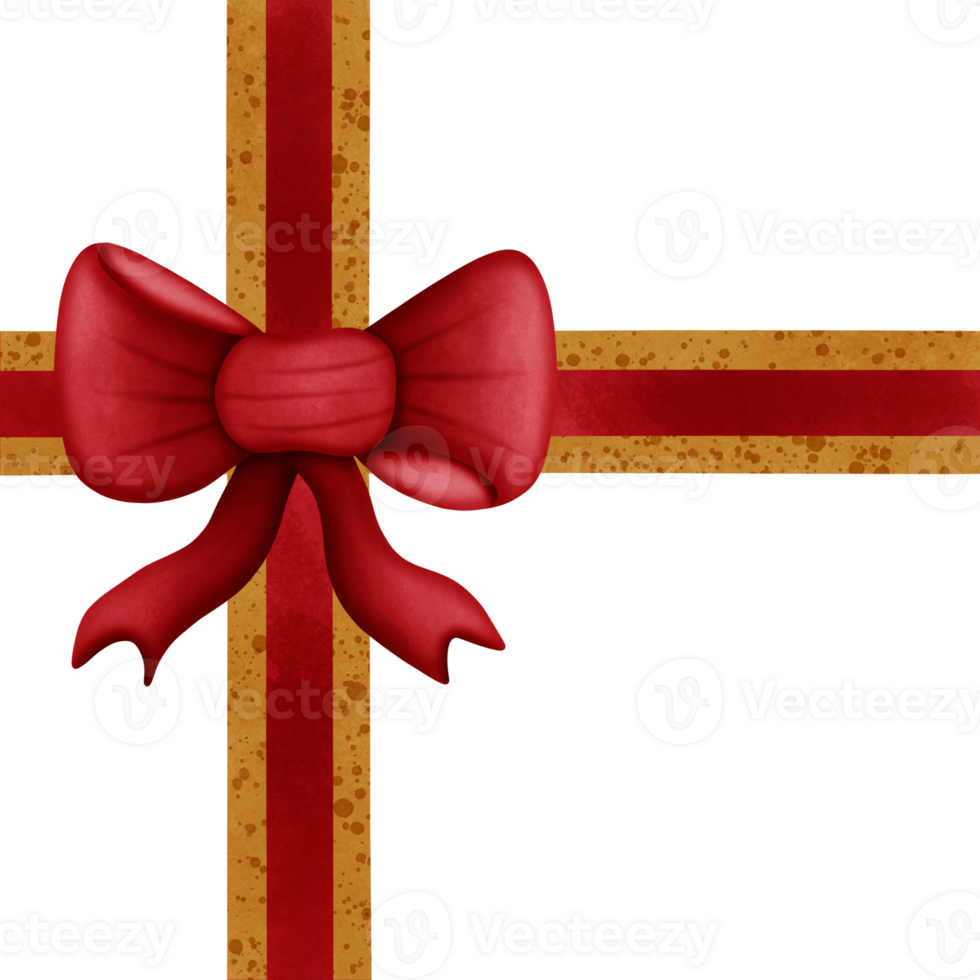 Red ribbon bow with gold stripes isolated on transparent background png