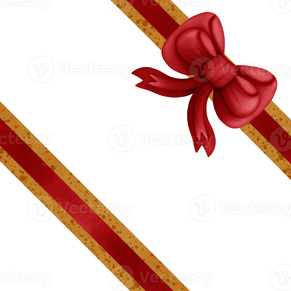Red ribbon bow with gold stripes isolated on transparent background png