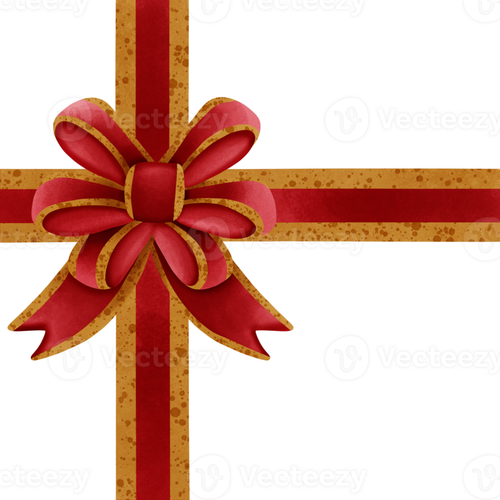 Red ribbon bow with gold stripes isolated on transparent background png