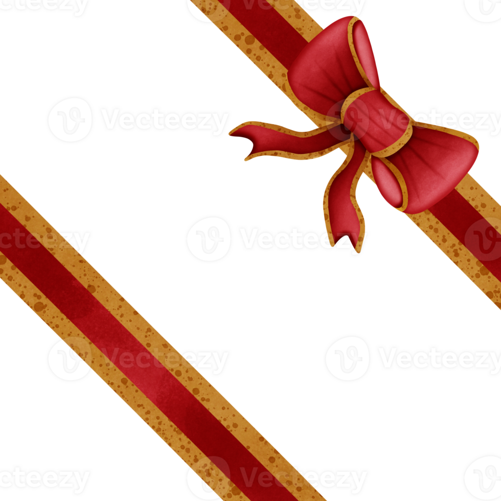 Red ribbon bow with gold stripes isolated on transparent background png