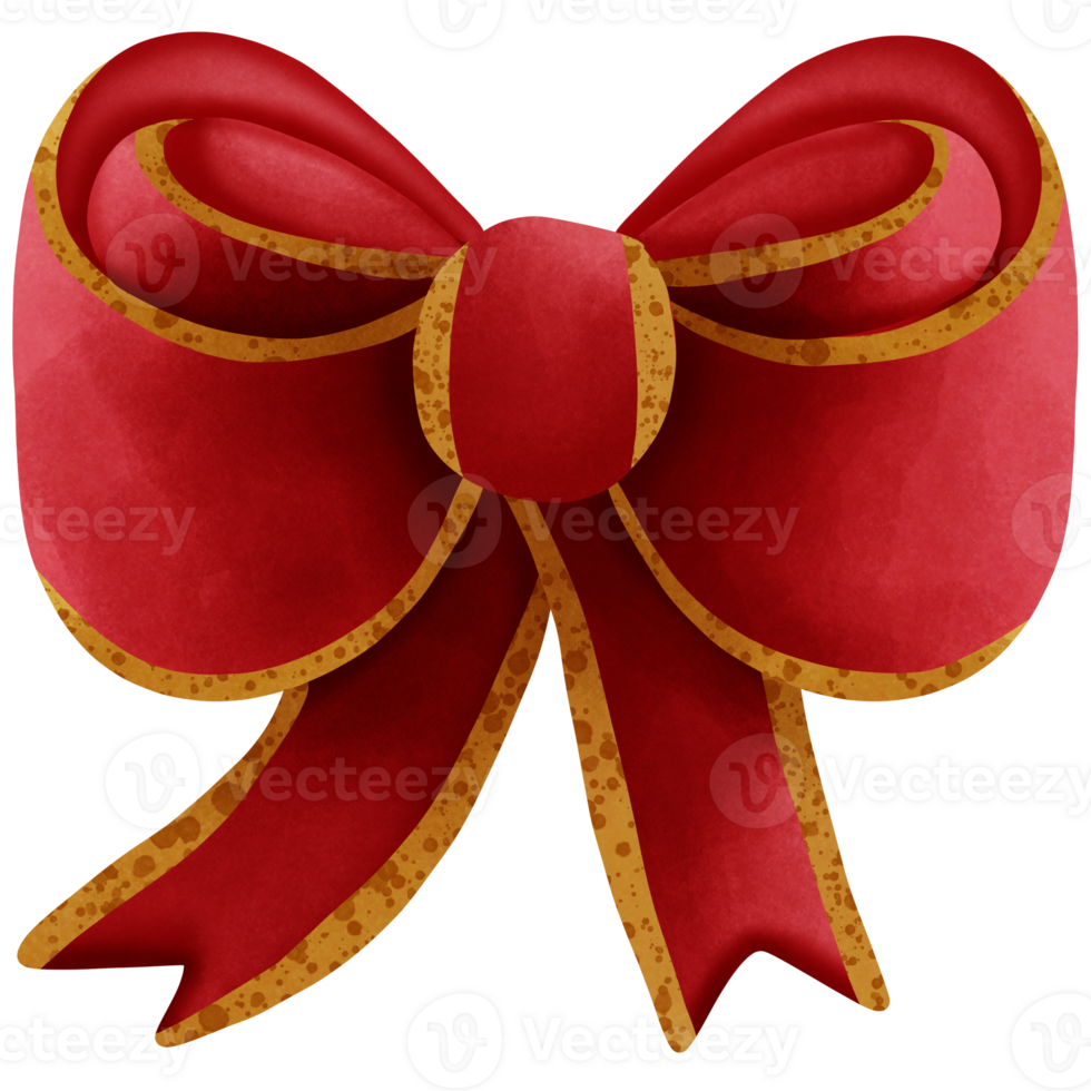 Red ribbon bow with gold stripes isolated on transparent background png