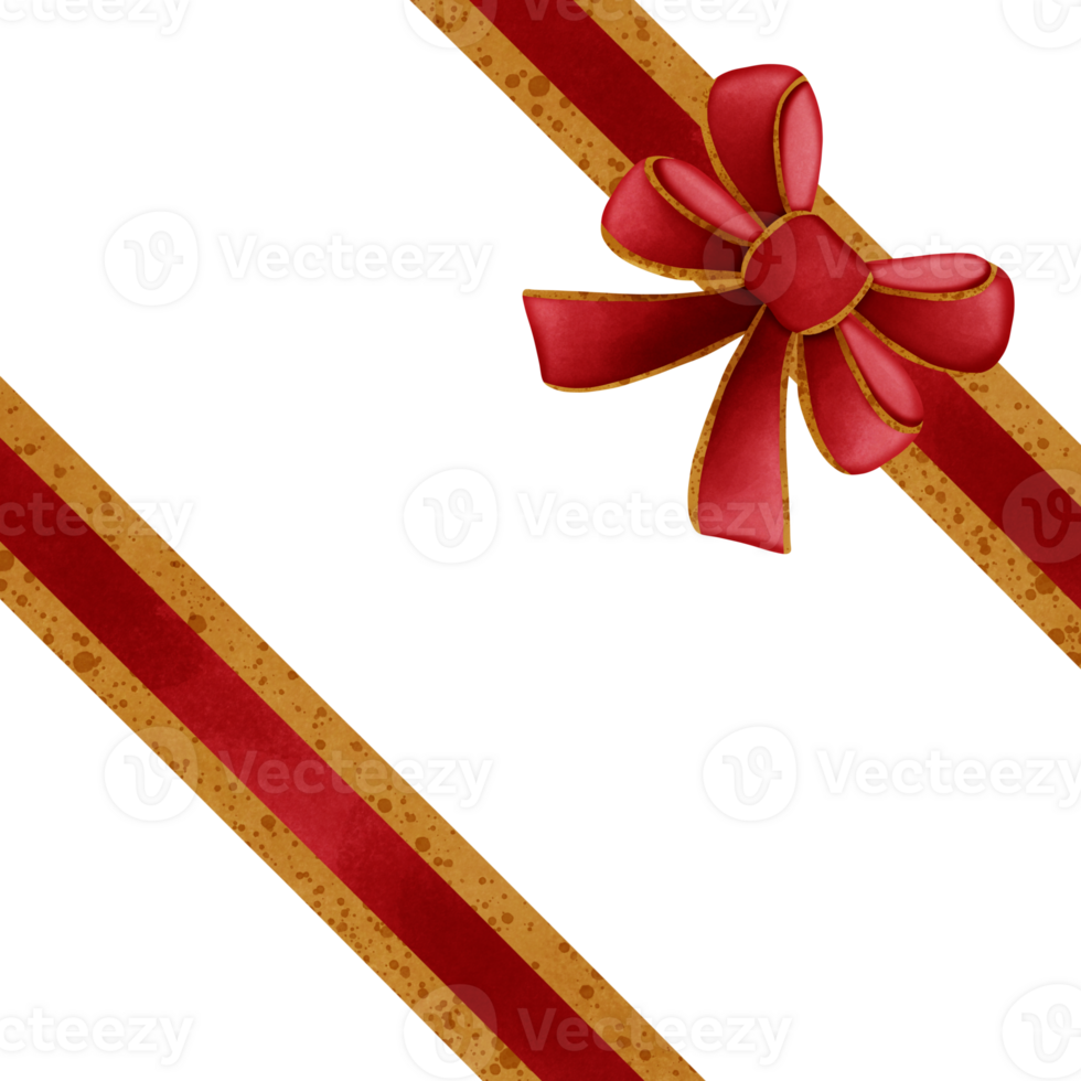 Red ribbon bow with gold stripes isolated on transparent background png