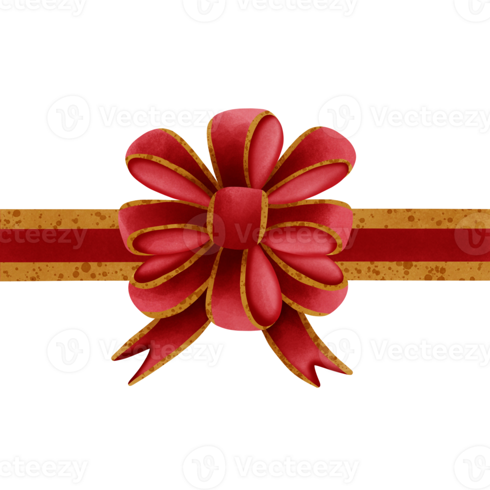 Red ribbon bow with gold stripes isolated on transparent background png