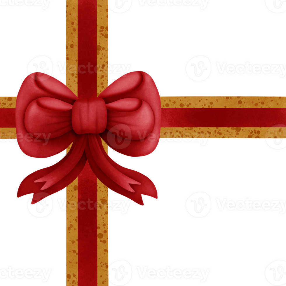 Red ribbon bow with gold stripes isolated on transparent background png