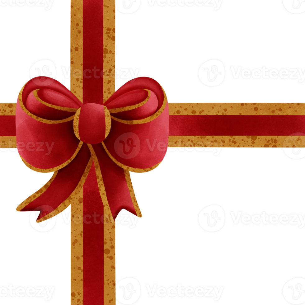 Red ribbon bow with gold stripes isolated on transparent background png