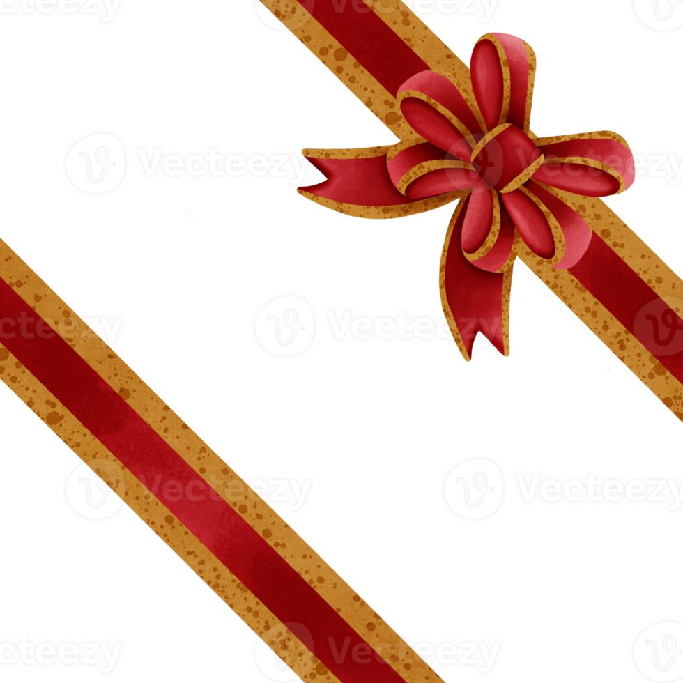 Red ribbon bow with gold stripes isolated on transparent background png