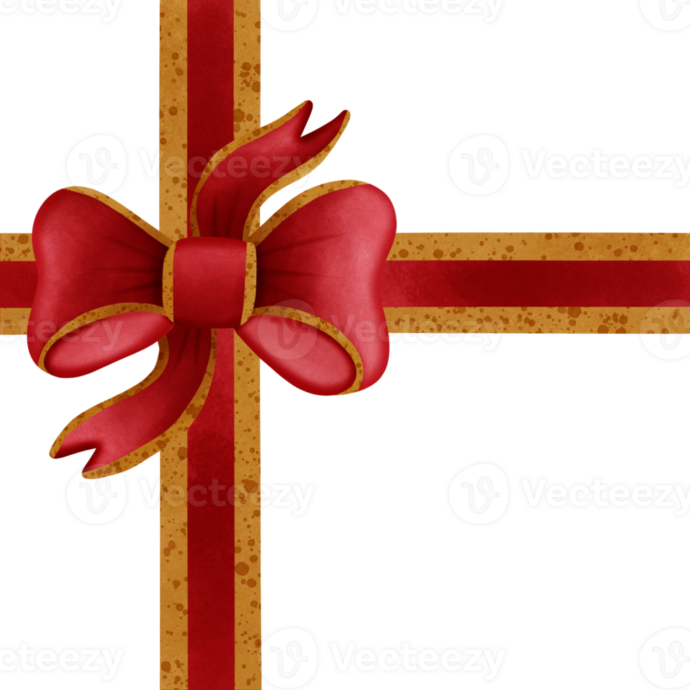 Red ribbon bow with gold stripes isolated on transparent background png