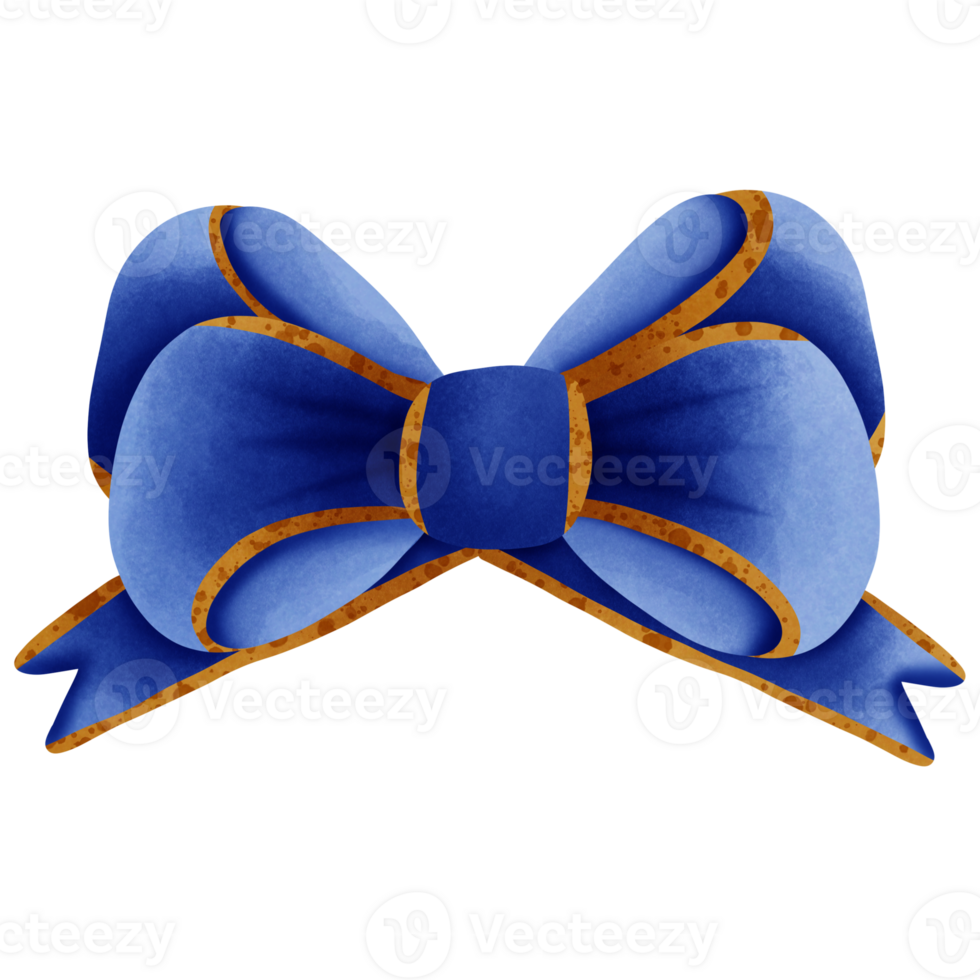 Blue ribbon bow with gold stripes isolated on transparent background png