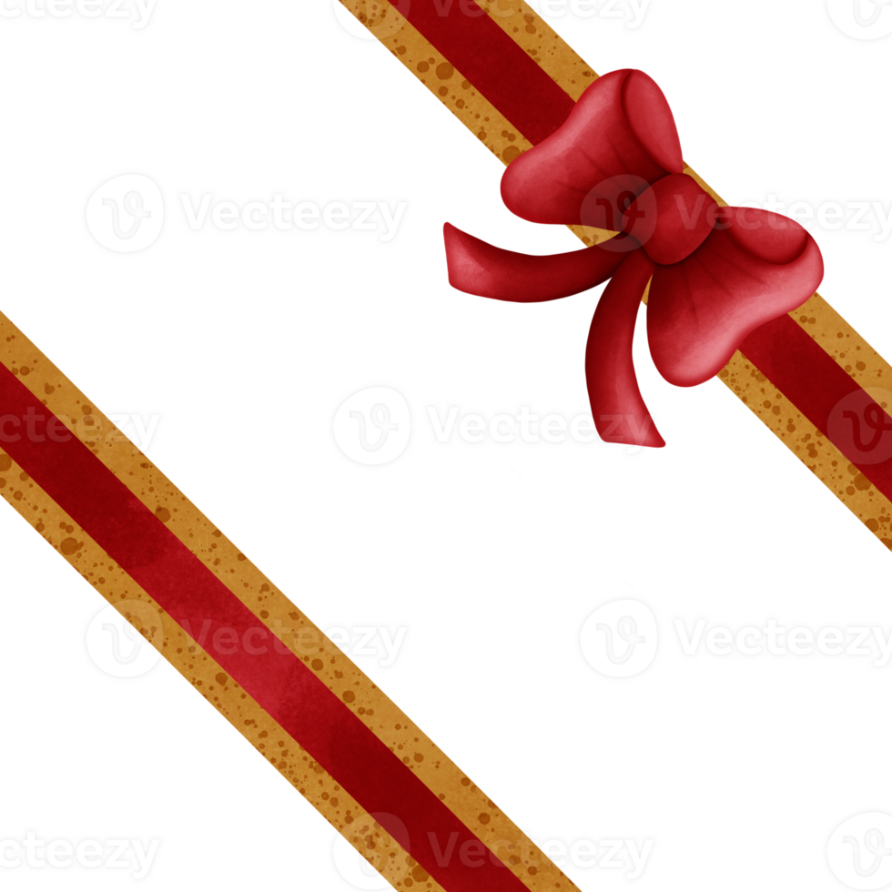 Red ribbon bow with gold stripes isolated on transparent background png