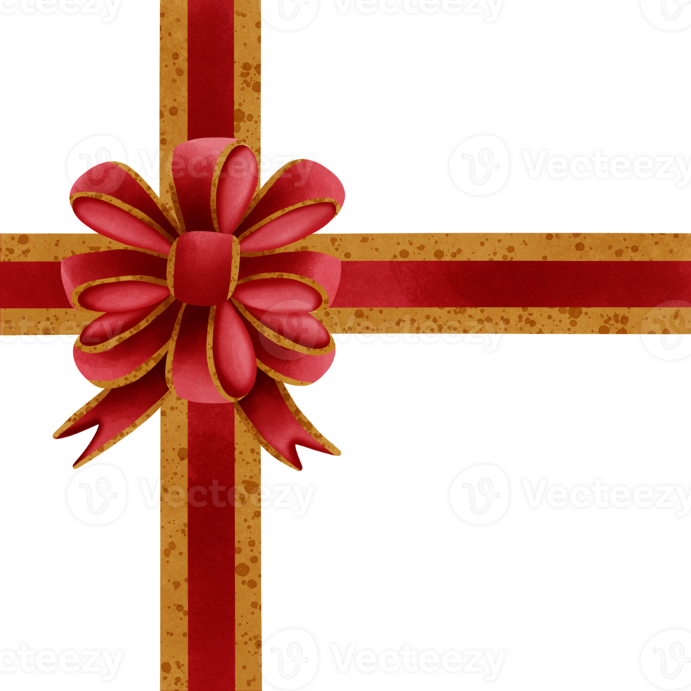Red ribbon bow with gold stripes isolated on transparent background png