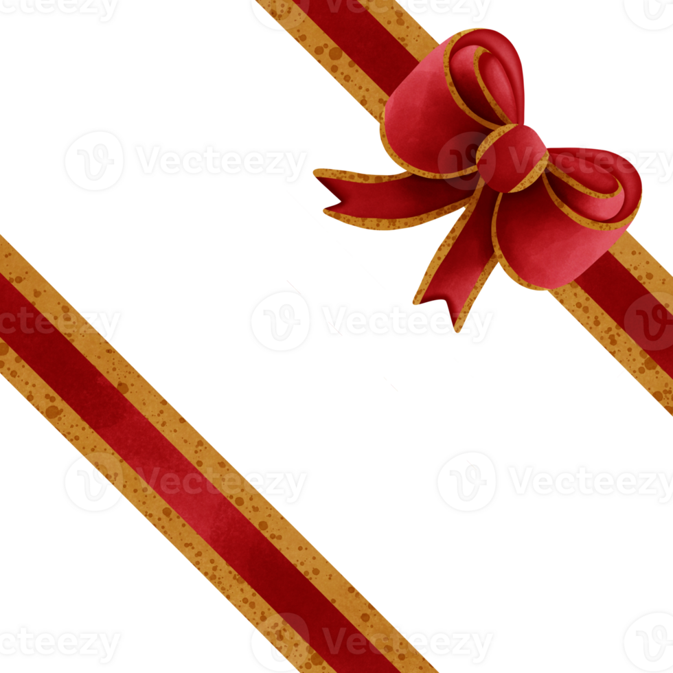 Red ribbon bow with gold stripes isolated on transparent background png