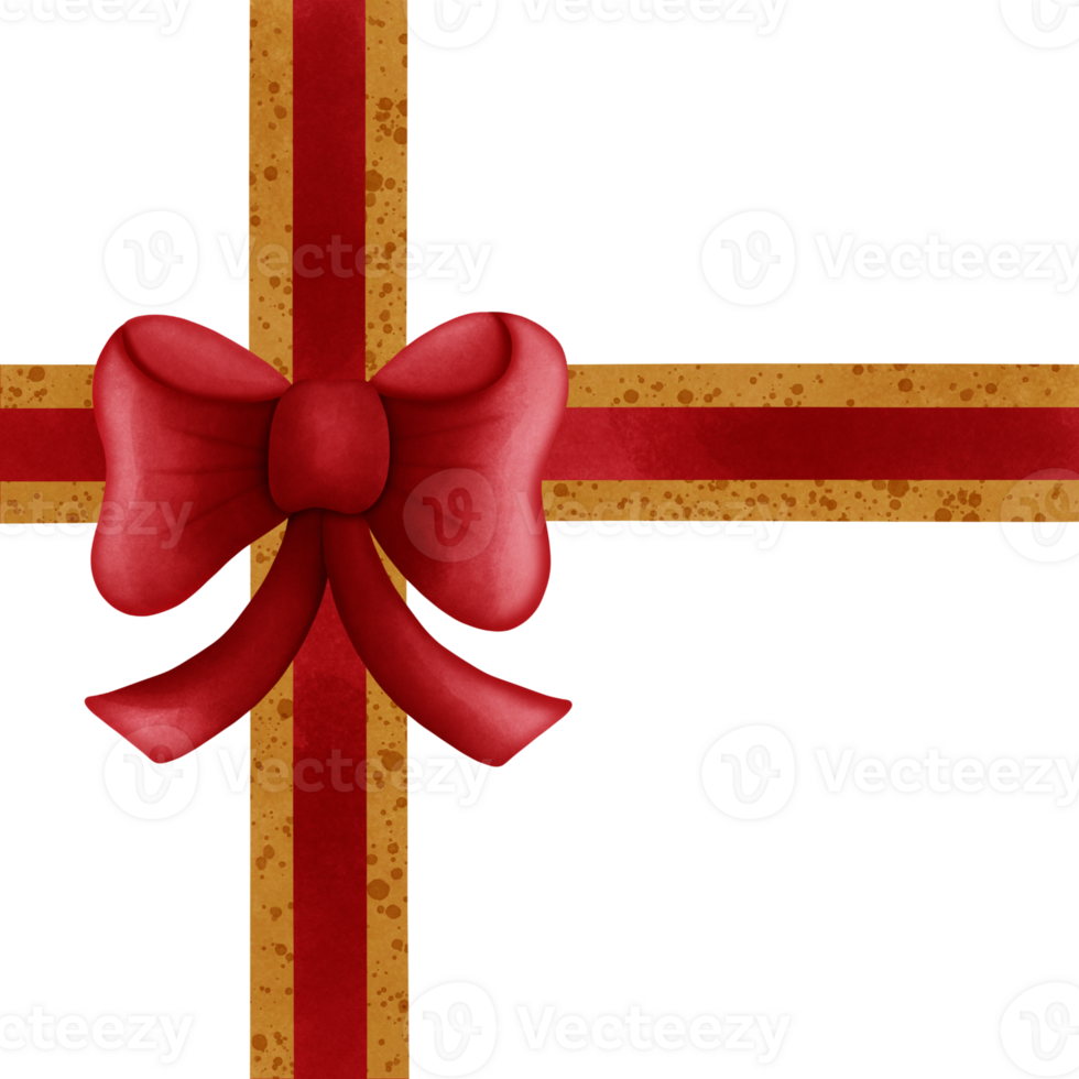Red ribbon bow with gold stripes isolated on transparent background png