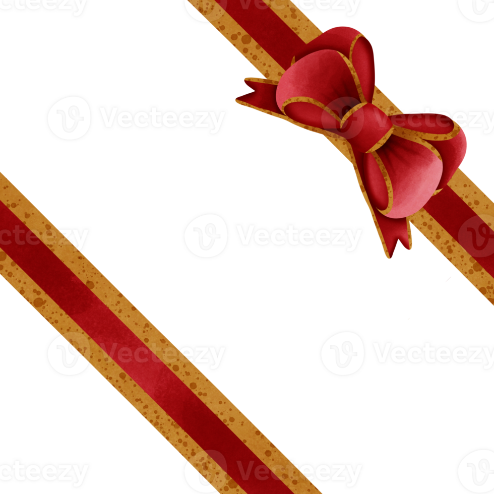 Red ribbon bow with gold stripes isolated on transparent background png