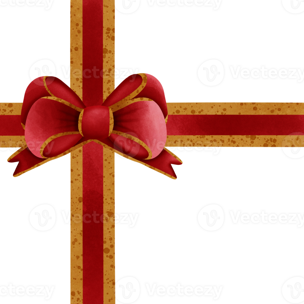 Red ribbon bow with gold stripes isolated on transparent background png