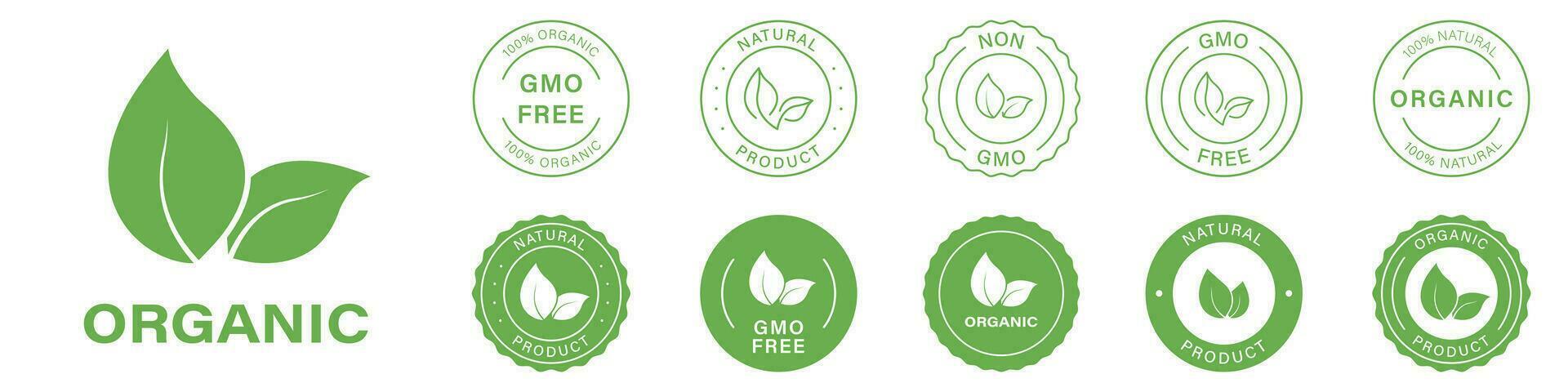 gmo gratis etiqueta, no gmo Insignia colocar. orgánico sano vegano comida iconos natural producto eco estampilla. bio herbario pegatina recopilación. 100 por ciento ecología símbolo. aislado vector ilustración.