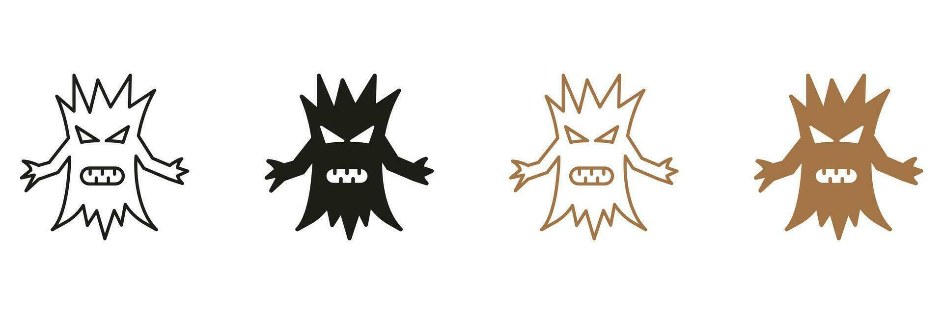 Spooky Tree with Creepy Face Line and Silhouette Icon Set. Scary Monster Tree with Branch Hand Pictogram. Halloween Decoration Black and Color Symbols. Isolated Vector Illustration.