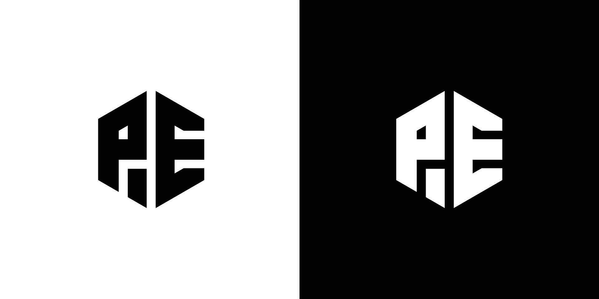Letter P E polygon, Hexagonal minimal and professional logo design on black and white background vector