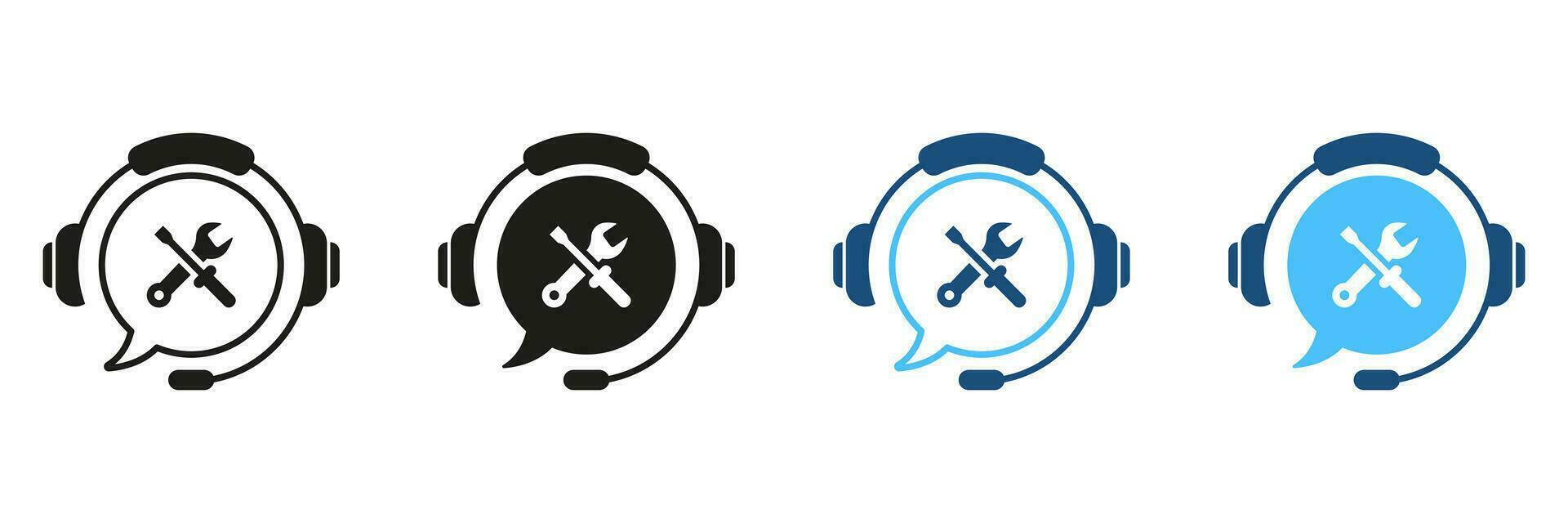 Customer Support Repair Service Silhouette Icon Set. Help Center, Hotline Pictogram. Headset with Speech Bubble, Maintenance Sign. Online Operator Symbol Collection. Isolated Vector Illustration.