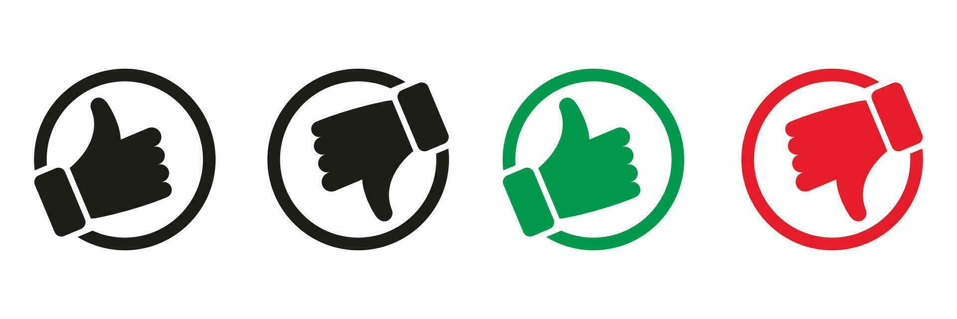 me gusta y disgusto pictograma recopilación. pulgar arriba, pulgar abajo silueta icono colocar. bueno y malo gesto botón negro y color signo. social medios de comunicación realimentación simbolos aislado vector ilustración.