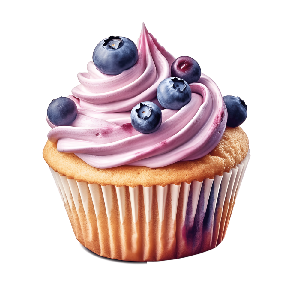 A celebration cupcake topping with whipped cream and blueberries, depicted in a watercolor style isolated on a transparent background, generative ai png