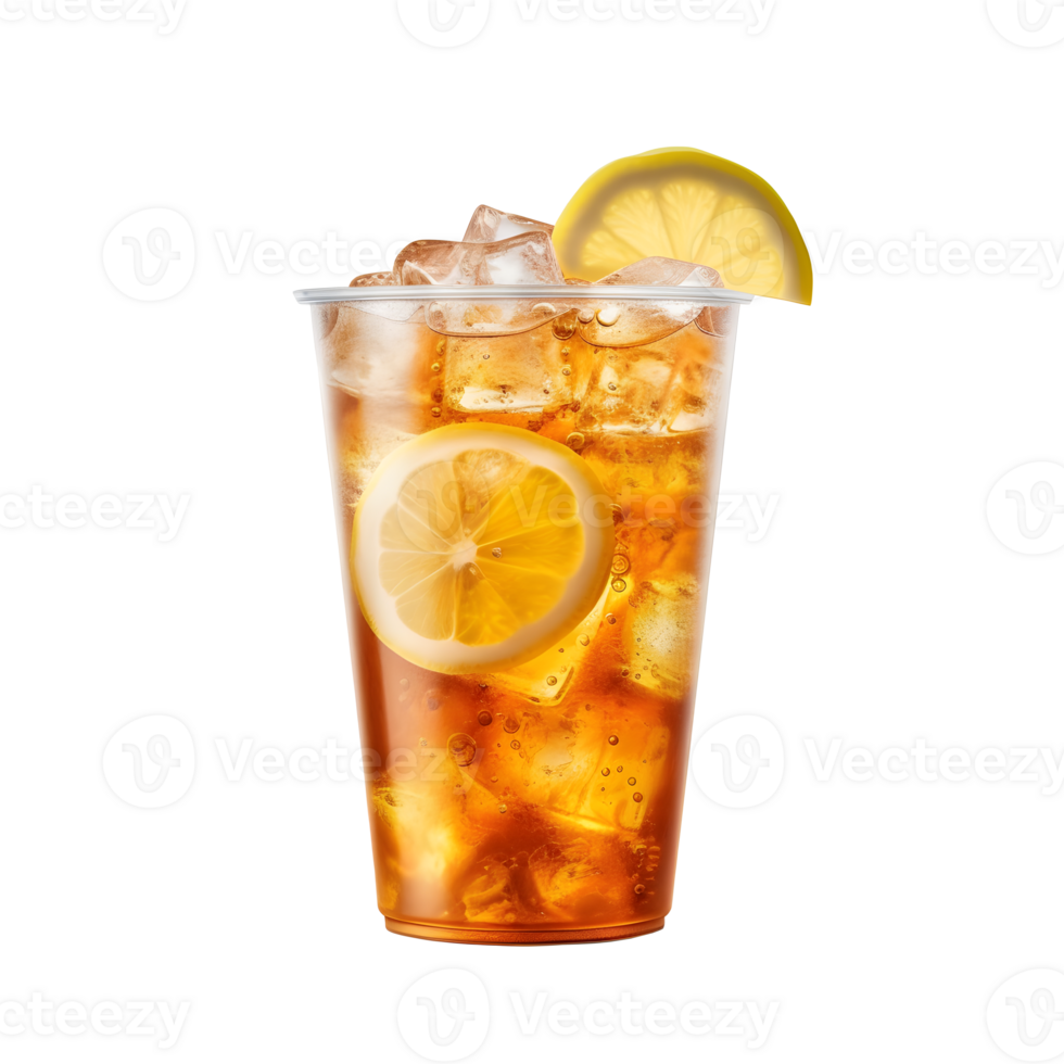 Isolated Front View of Thai Iced Lemon Tea in plastic cup with