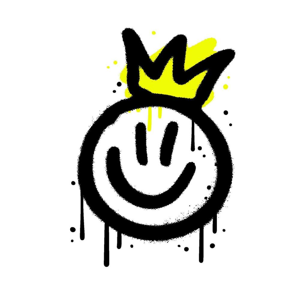 Urban Graffiti happyemoticon with crown. Smiling face painted spray paint. 90s Textured Vector illustration