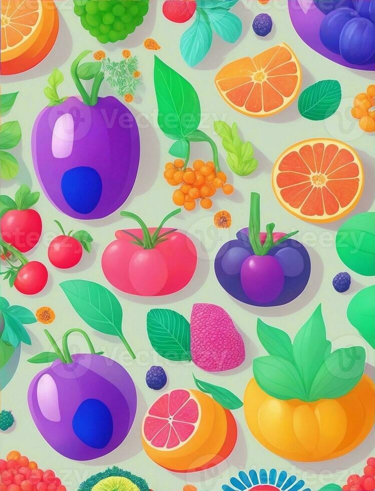 pattern of fresh fruits, vegetables and herbs you find in the market illustration photo