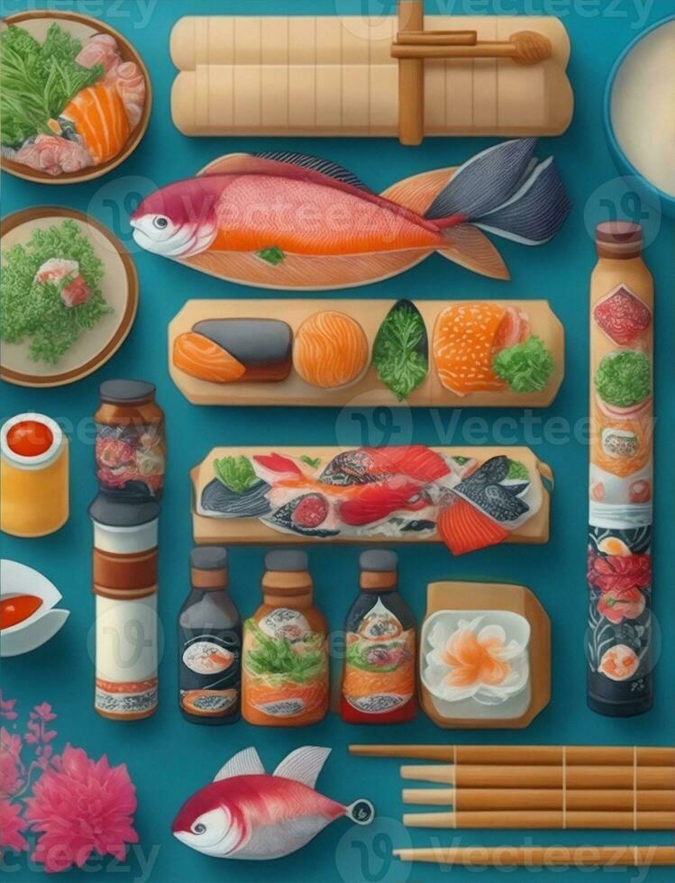 various sushi rolls, sashimi and soy sauce bottles illustration photo