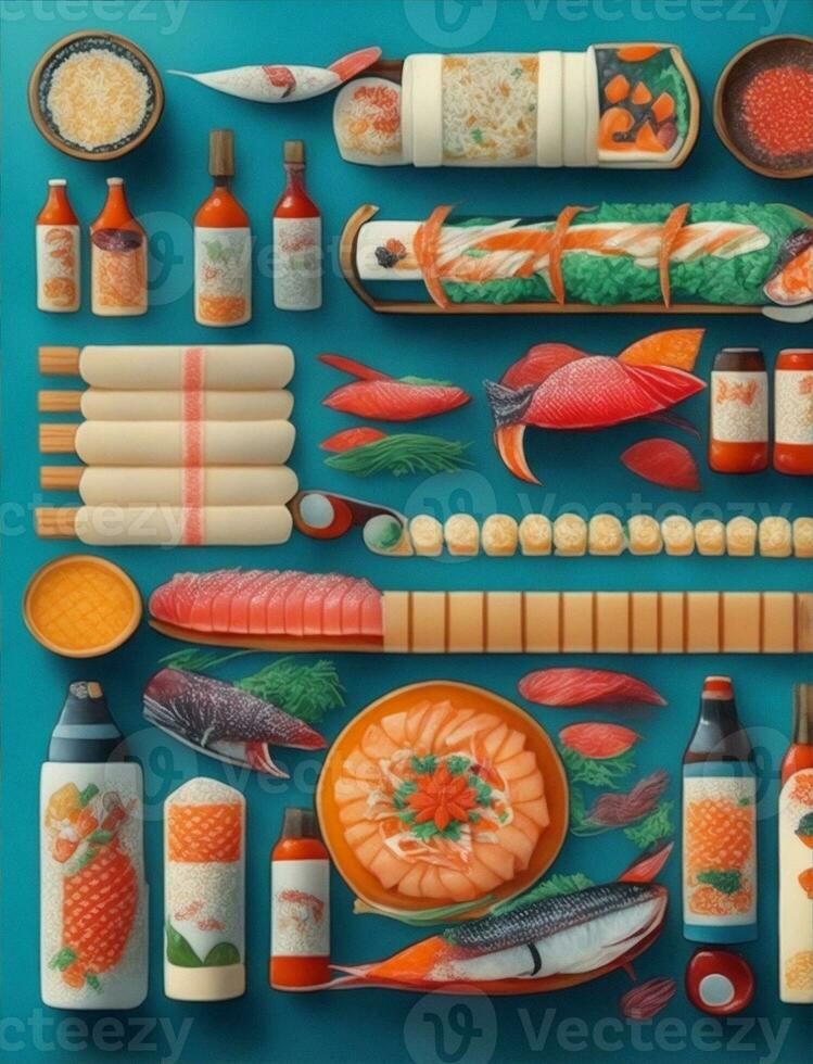various sushi rolls, sashimi and soy sauce bottles illustration photo