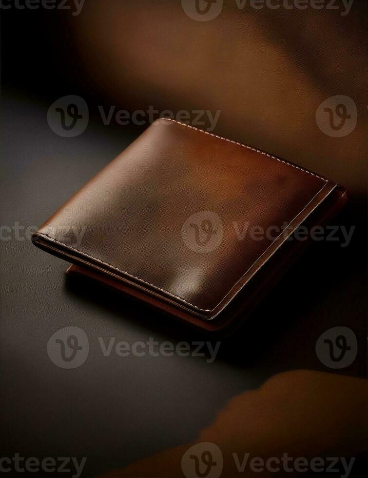 leather wallet on dark wooden floor illustration photo