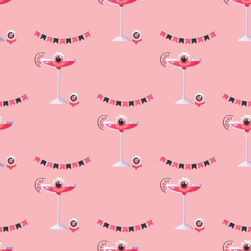 Pink Halloween pattern seamless with cocktail eyes vector