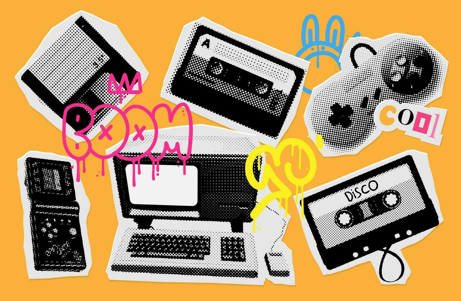 90s Retro electronics in halftone treatment. Collage elements in trendy dotted y2k style. Vector illustration with vintage grunge punk cutout shapes. Black grunge audio cassette, floppy disc, PC