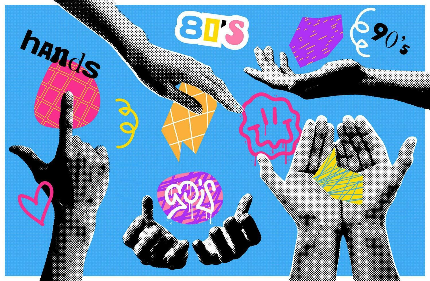 Groovy set of trendy 90s style halftone collage hands witj funky doodle elements. Retro halftone cutted sticker templates for banner, poster, card. Contemporary vector illustration.