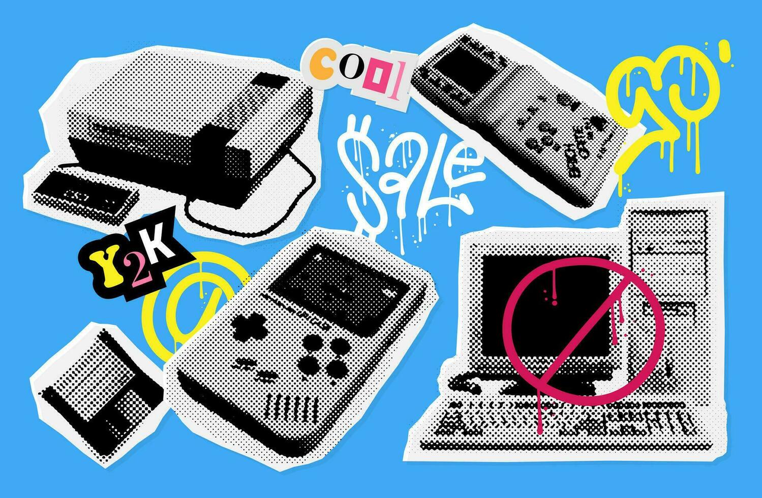 Set of retro video game console, pc, gamepad, floppy. 90s collection of different nostalgic old systems and handhelds in halftone texture, dotted style. Vector illustration of vintage grunge design.