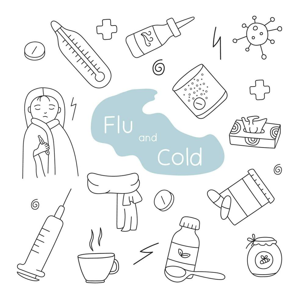 Hand drawn set of flu and cold vector illustrations