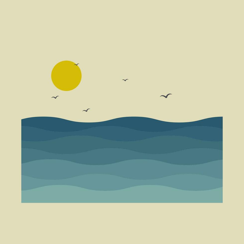 Seaside landscape with flying birds postcard illustration. vector