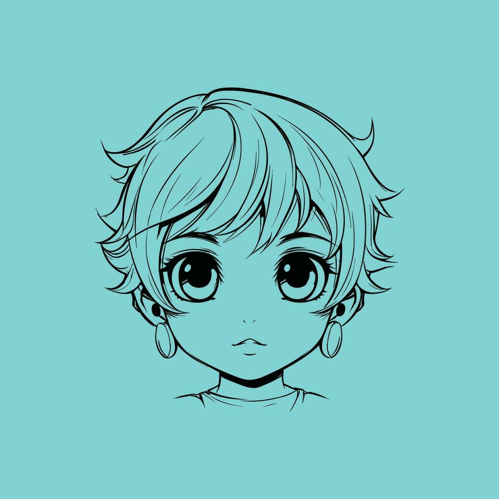 Vetor de Cute anime girl icon portrait. Contour vector