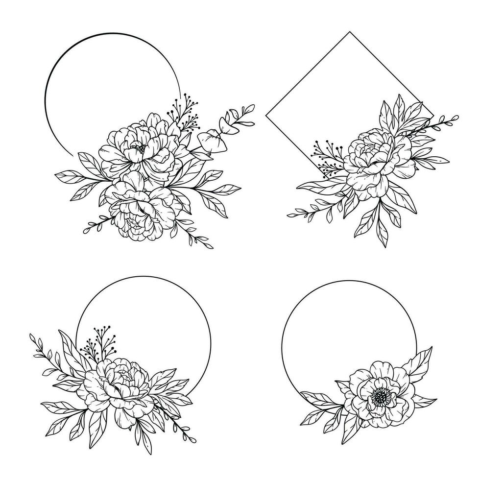 Peony Frame Line Art, Outline Floral Frame Hand Drawn Illustration. Coloring Page with Peony Flowers vector