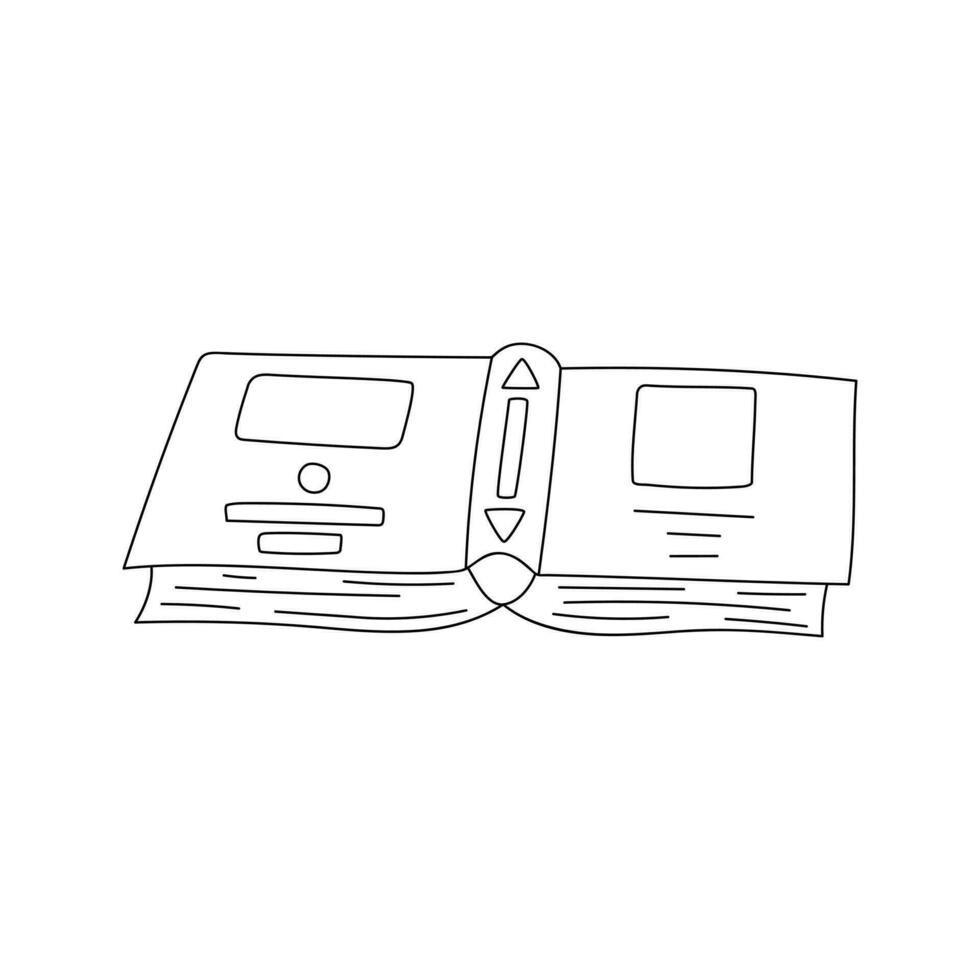 Hand drawn open book lies on the table, its pages turned facing downward. Unfinished book in doodle style. Black and white outline vector illustration isolated on a white background.