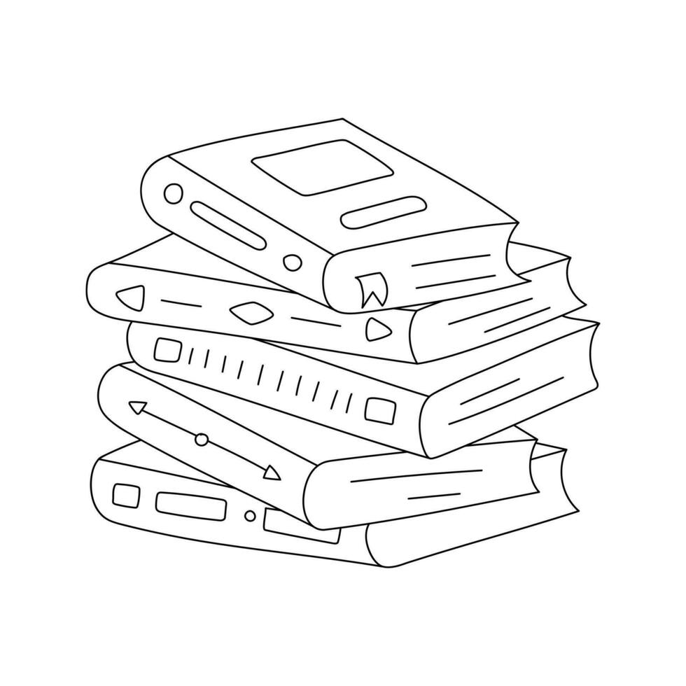 Stack of books with hardcover and book marks. Hand drawn Outline pile of books, textbooks. A symbol of reading, learning, education, science. Black white doodle vector illustration isolated on white