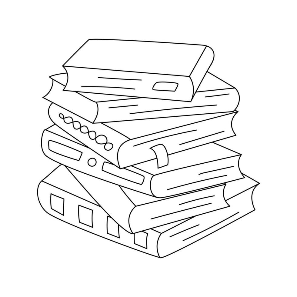 Pile of different books with book marks. Hand drawn doodle stack of books, textbooks. A symbol of reading, learning, education, science. Black and white outline vector illustration isolated on white