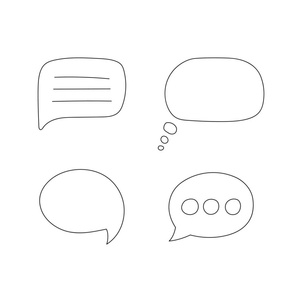 Speech bubbles in simple doodle style. Set of empty shapes for thoughts, text, notes. Black and white outline Vector illustration isolated on white background.