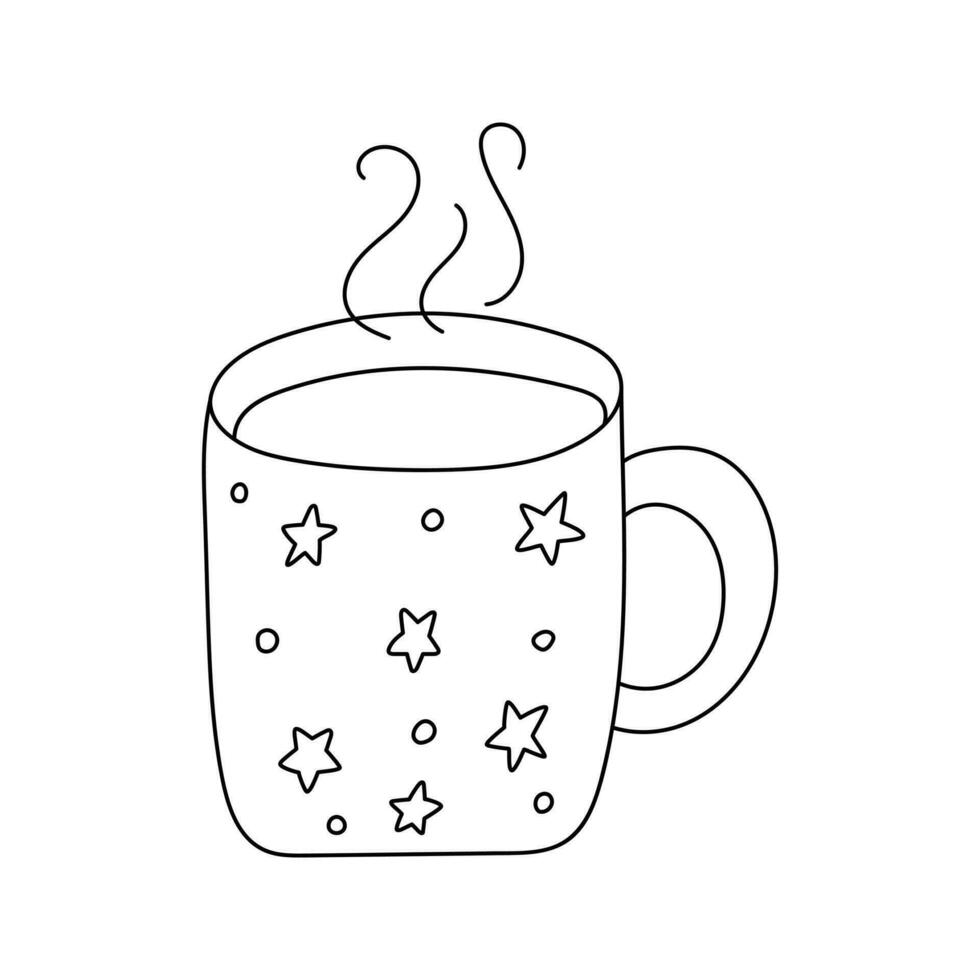 Hand drawn outline cup of tea. Doodle mug with stars. Simple decorative element with hot drink, morning coffee. Black and white vector illustration isolated on a white background.