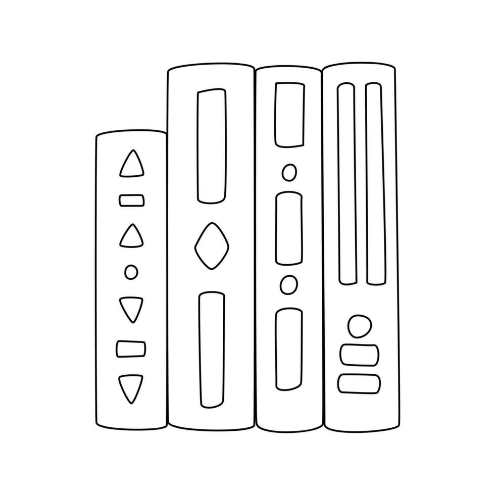 Hardcover books stand in a row. Hand drawn Outline books, textbooks, literature. A symbol of learning, education, and science. Black and white doodle vector illustration isolated on a white background