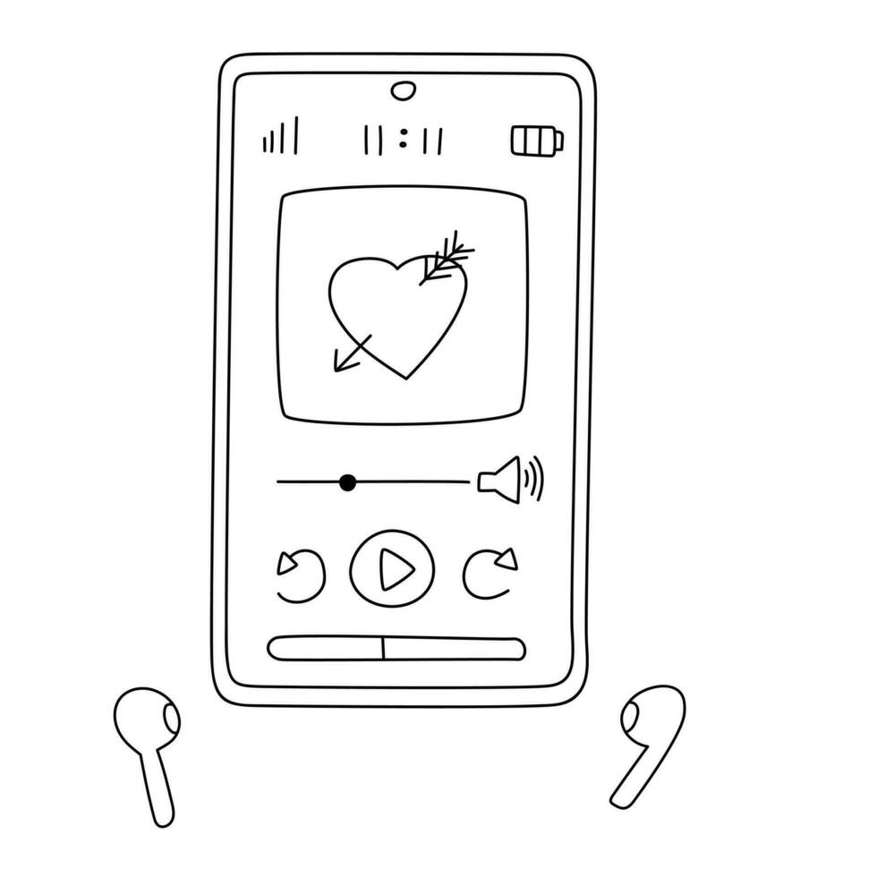 mano dibujado móvil teléfono pantalla con un libro electronico lector solicitud y auriculares. lector interfaz en garabatear estilo. negro y blanco contorno vector ilustración aislado en un blanco antecedentes