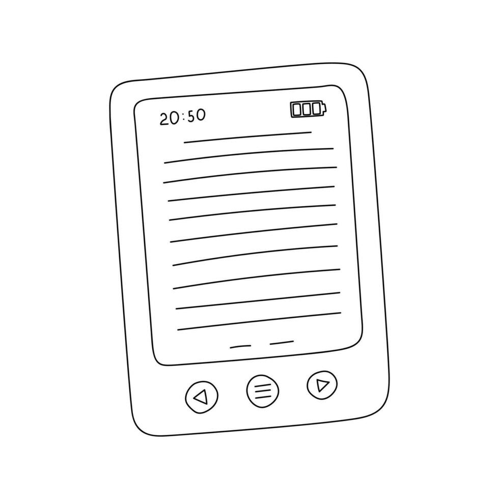 Outline e-book screen with buttons and charge level. A hand-drawn pocket book. Black and white vector illustration isolated on a white background