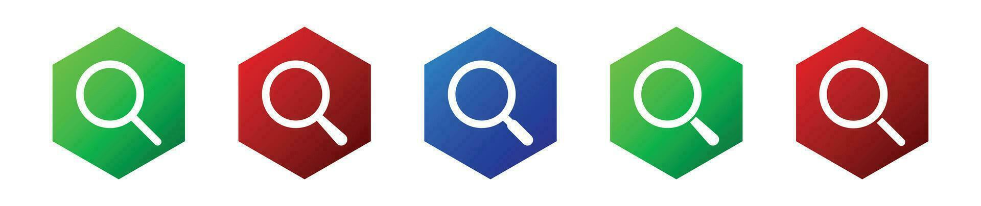 Search symbol in colorful honeycomb button set. vector